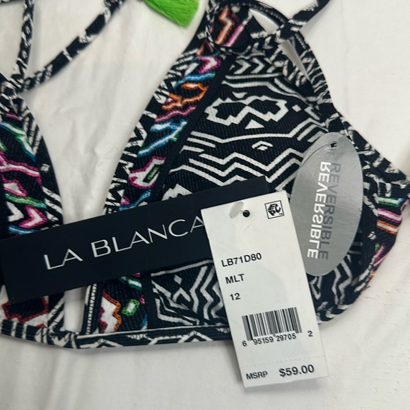 NWT! LA BLANCA Bikini top, size 12. 2in1, Reversible, black,white,multicolored. - Picture 5 of 7